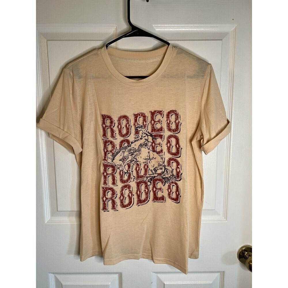 Women’s Tan Short Sleeve ‘Rodeo’ Cowboy Graphic T-shirt Size Small NWOT - Picture 4 of 7